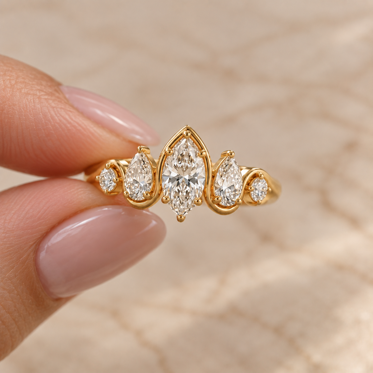 Marquise Cut Lab Grown Diamond Five Stone Engagement Ring in 14K Yellow Gold