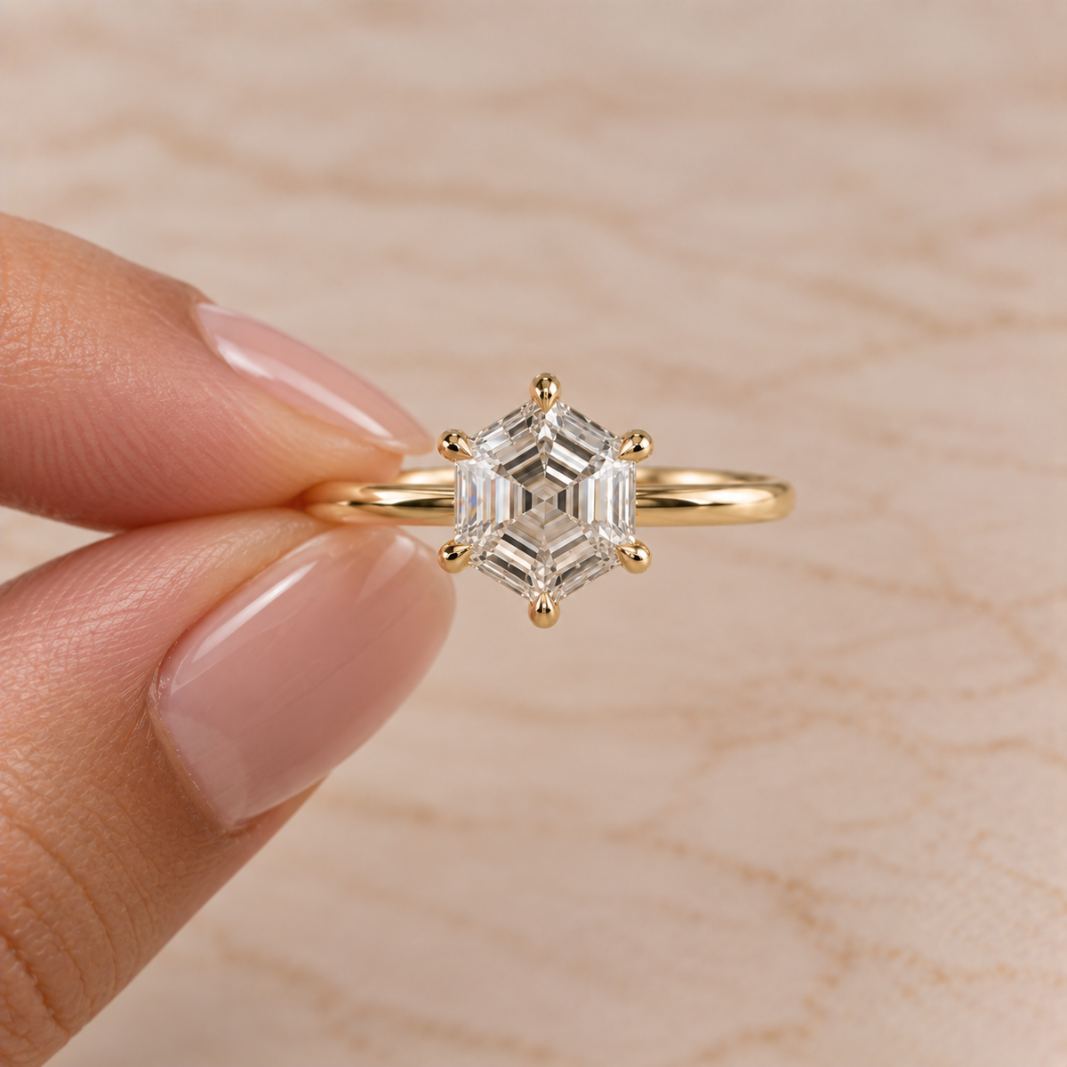 Hexagon Cut Lab Grown Diamond Solitaire Engagement Ring in 14K Yellow Gold