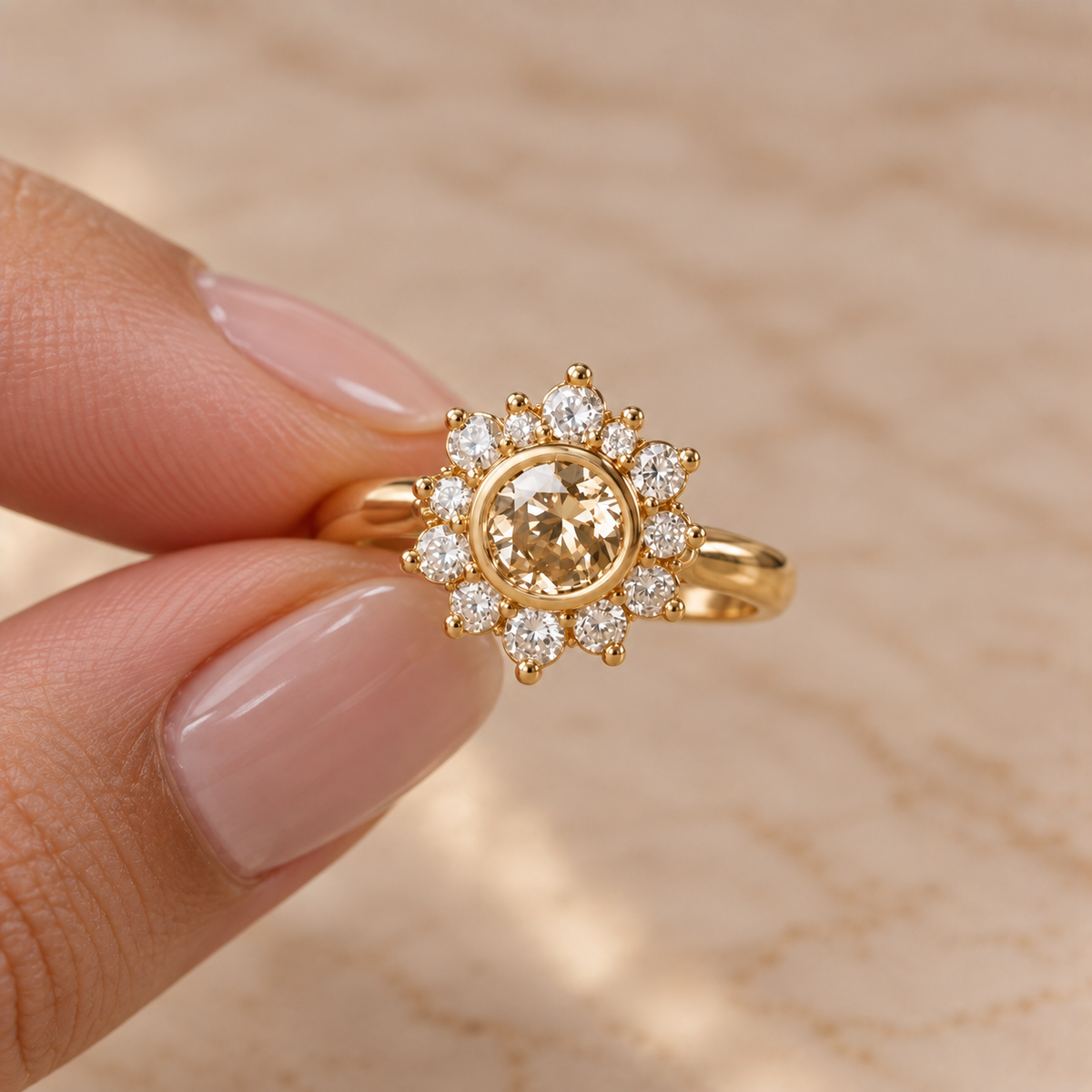 Round Cut Champagne Diamond Halo Engagement Ring with Diamond Cluster in 14K Yellow   Gold