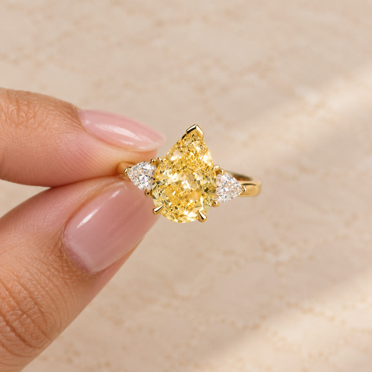 Pear Cut Fancy Yellow Diamond Three Stone Engagement Ring in 14K Yellow Gold
