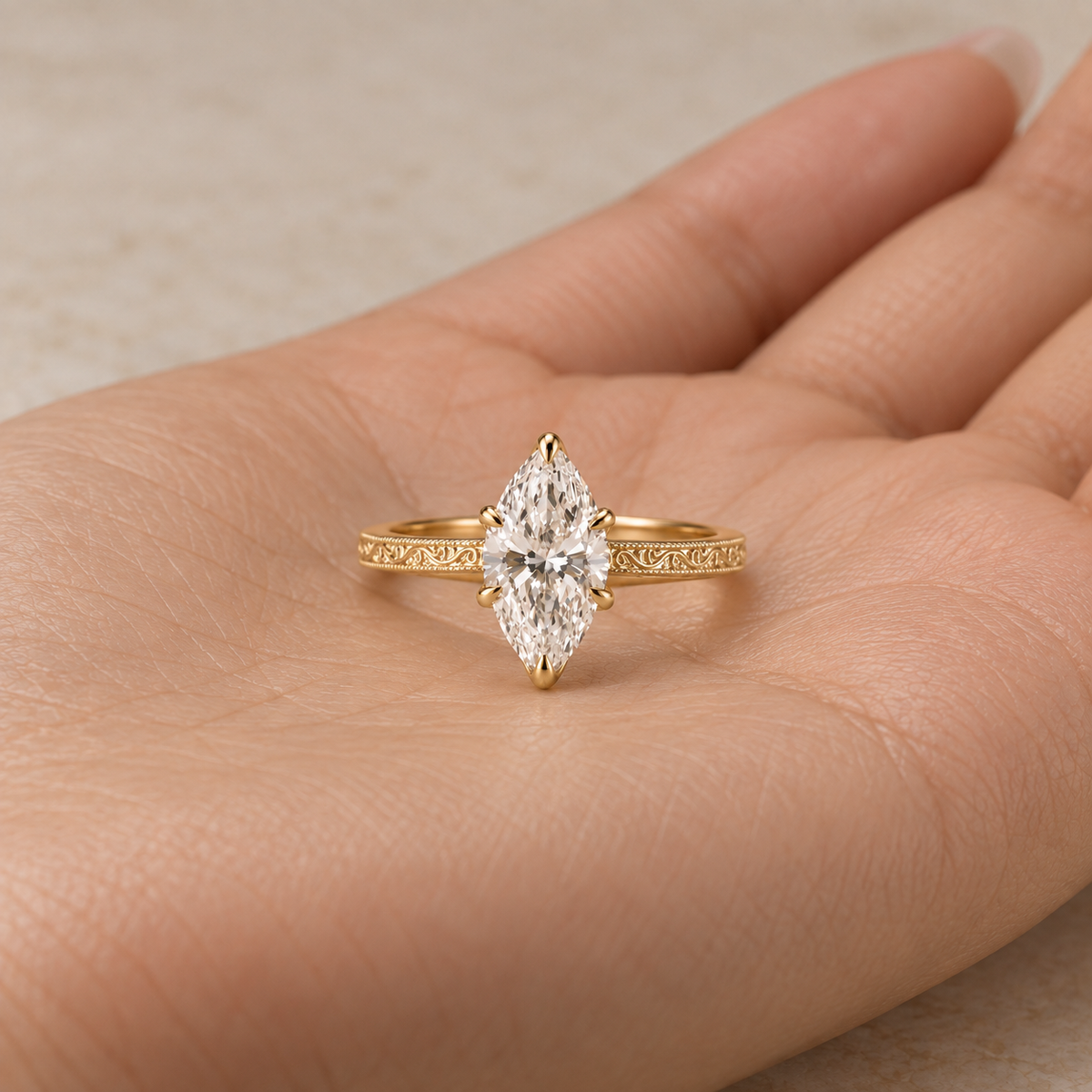 Marquise Cut Lab Grown Diamond Vintage Filigree Engagement Ring in 14K Yellow Gold