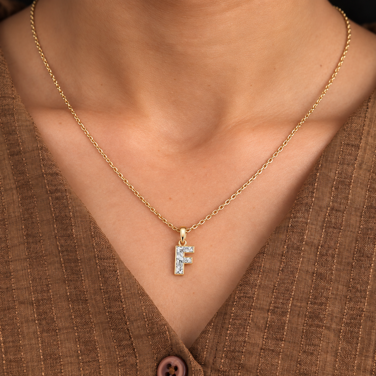 Lab Grown Diamond Alphabet F Cut Initial Pendant Necklace IGI Certified in 14K Yellow Gold