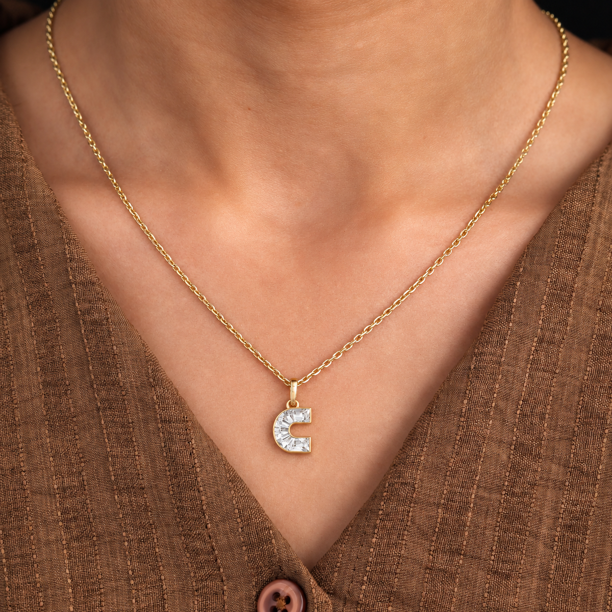 Lab Grown Diamond Alphabet C Cut Initial Pendant Necklace IGI Certified in 14K Yellow Gold