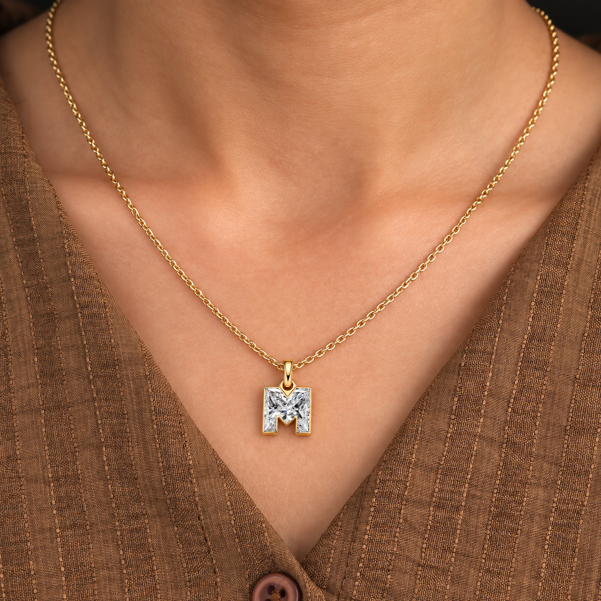 Lab Grown Diamond Alphabet M Cut Initial Pendant Necklace IGI Certified in 14K Yellow Gold