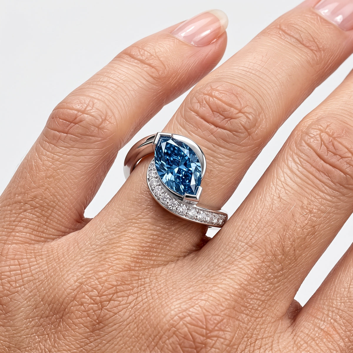 Lab Grown Diamond Fancy Blue Marquise Cut Swirl Bypass Half-Pavé Engagement Ring IGI Certified in 14K Yellow Gold