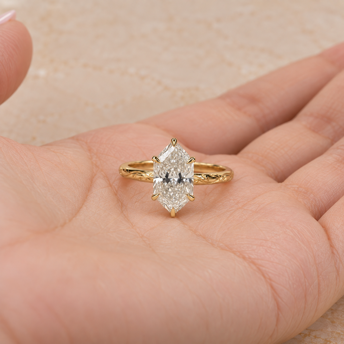 Hexagon Cut Lab Grown Diamond Vintage Floral Engagement Ring in 14K Yellow Gold