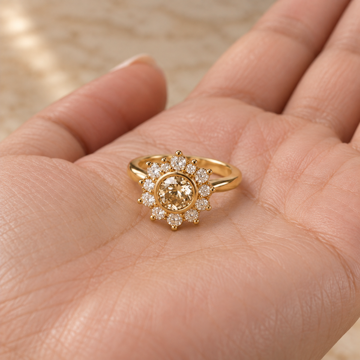 Round Cut Champagne Diamond Halo Engagement Ring with Diamond Cluster in 14K Yellow   Gold