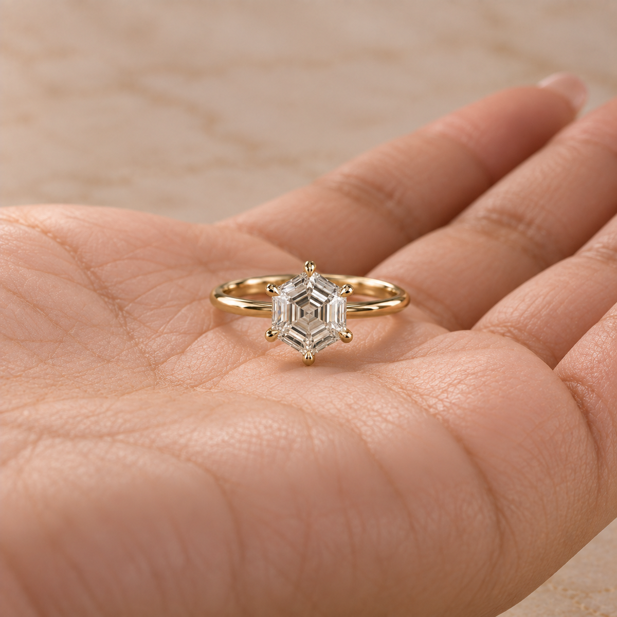 Hexagon Cut Lab Grown Diamond Solitaire Engagement Ring in 14K Yellow Gold