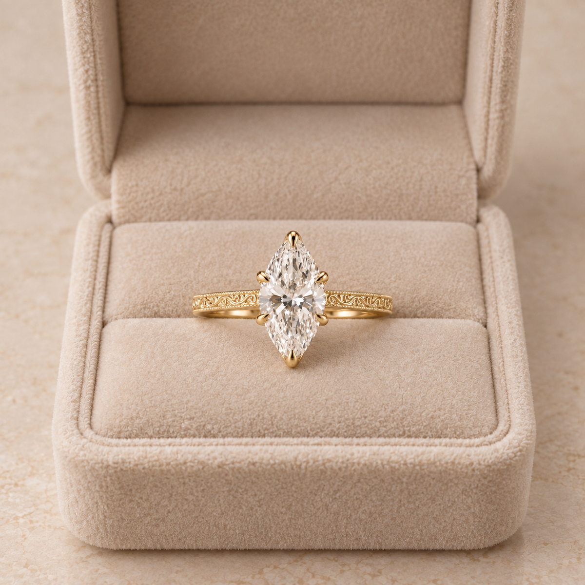 Marquise Cut Lab Grown Diamond Vintage Filigree Engagement Ring in 14K Yellow Gold