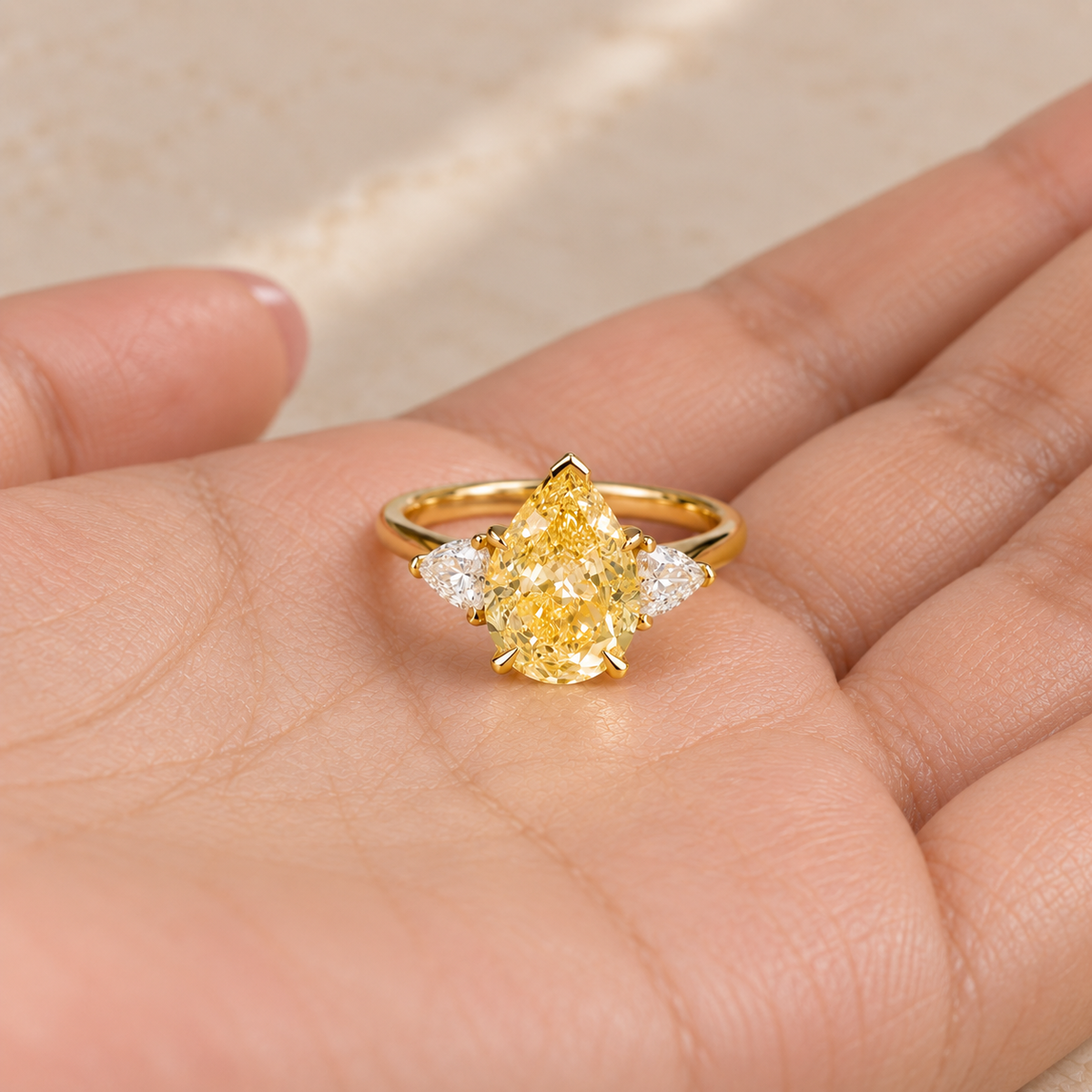 Pear Cut Fancy Yellow Diamond Three Stone Engagement Ring in 14K Yellow Gold