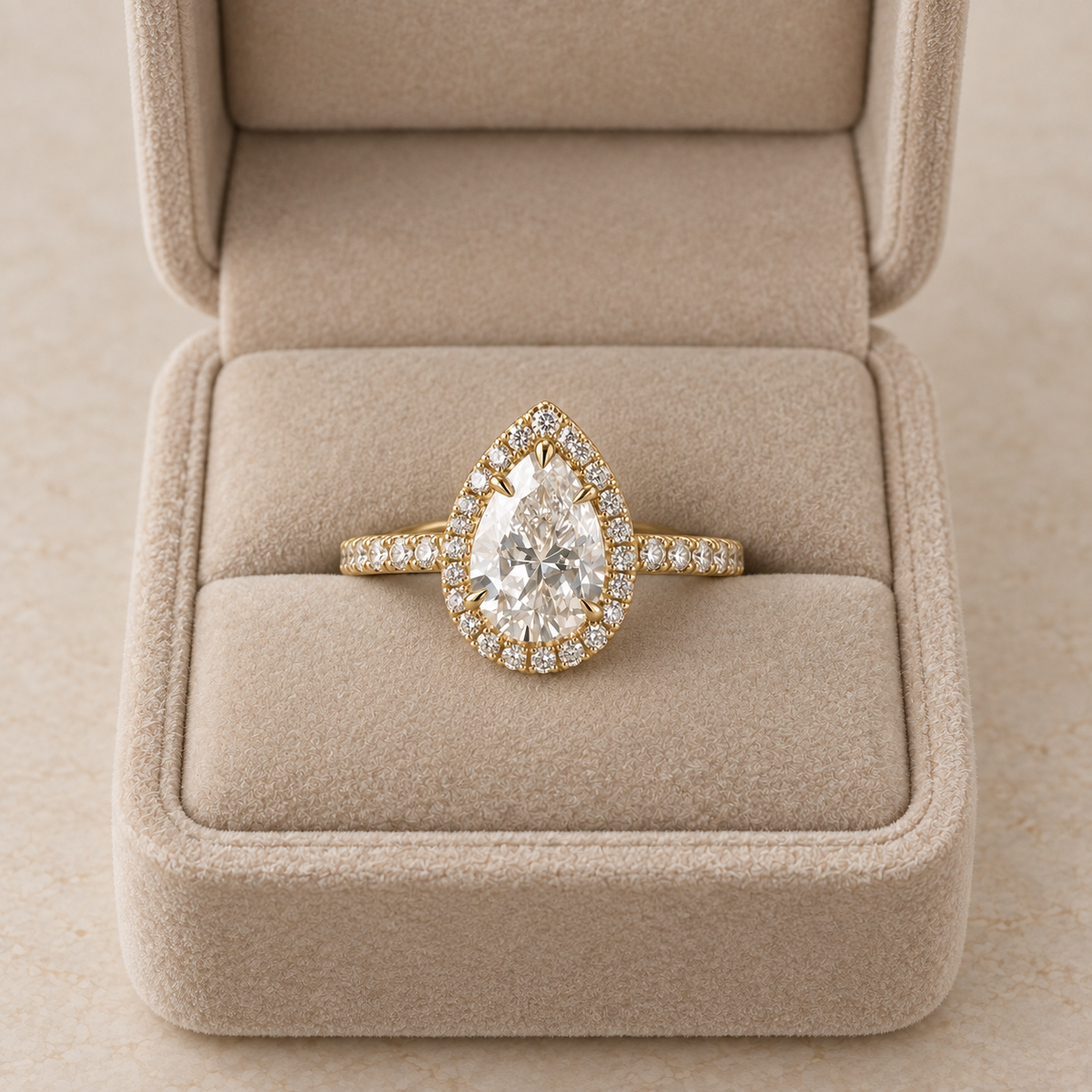 Lab Grown Diamond Pear Cut Halo Engagement Ring with Pavé Diamond Band in 14K Yellow Gold