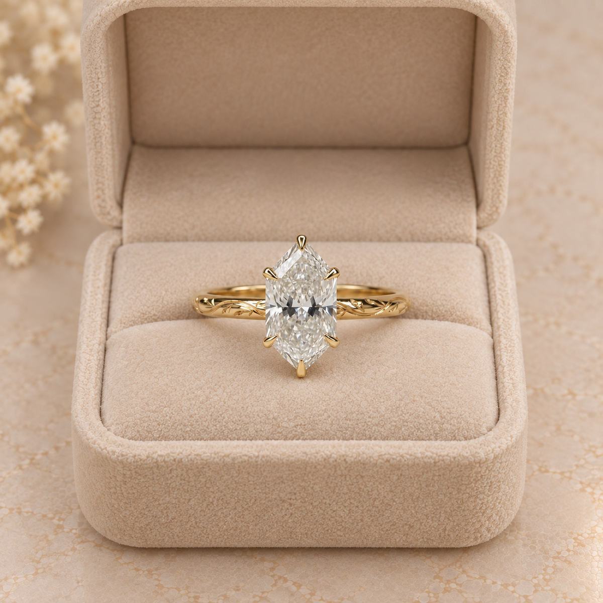 Hexagon Cut Lab Grown Diamond Vintage Floral Engagement Ring in 14K Yellow Gold