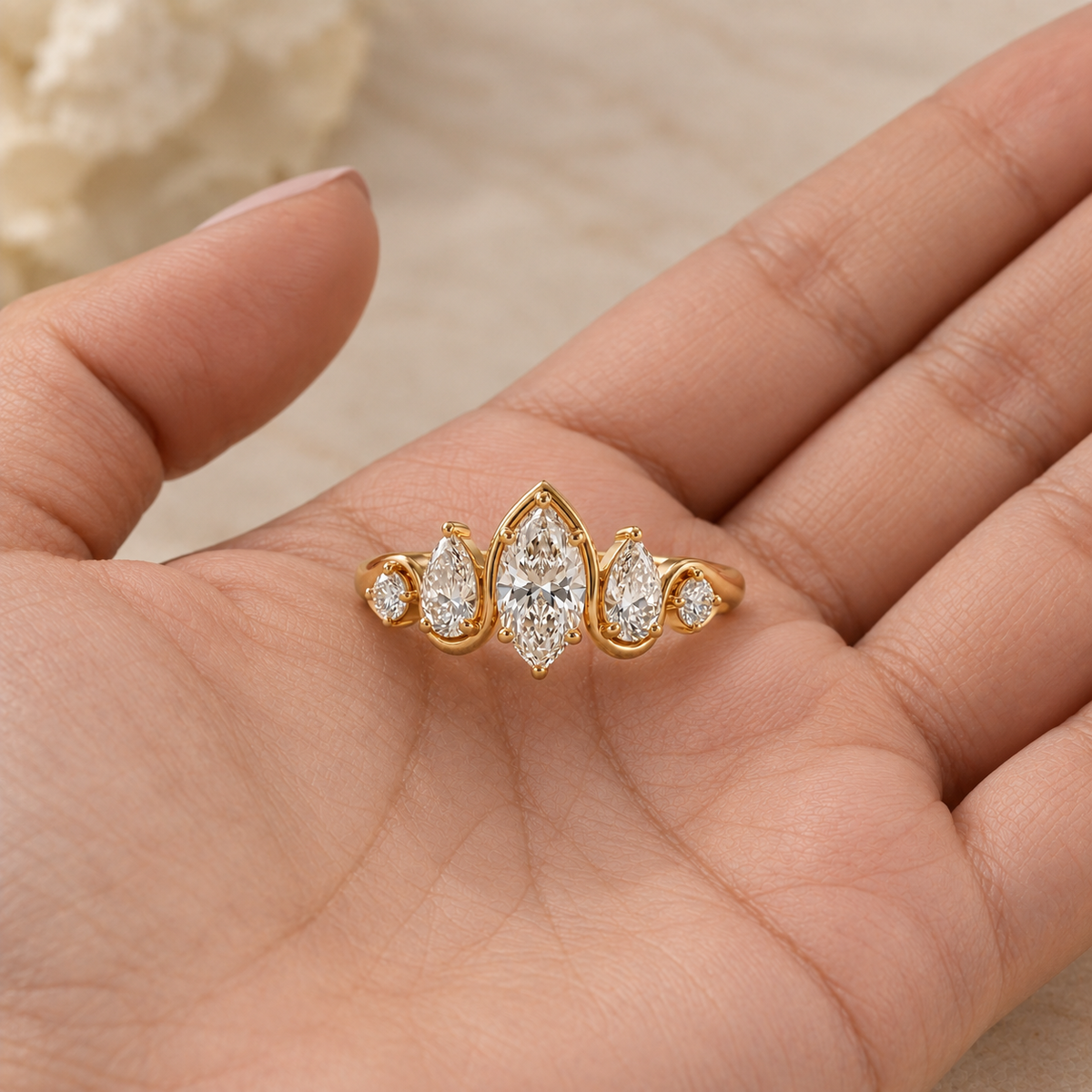 Marquise Cut Lab Grown Diamond Five Stone Engagement Ring in 14K Yellow Gold
