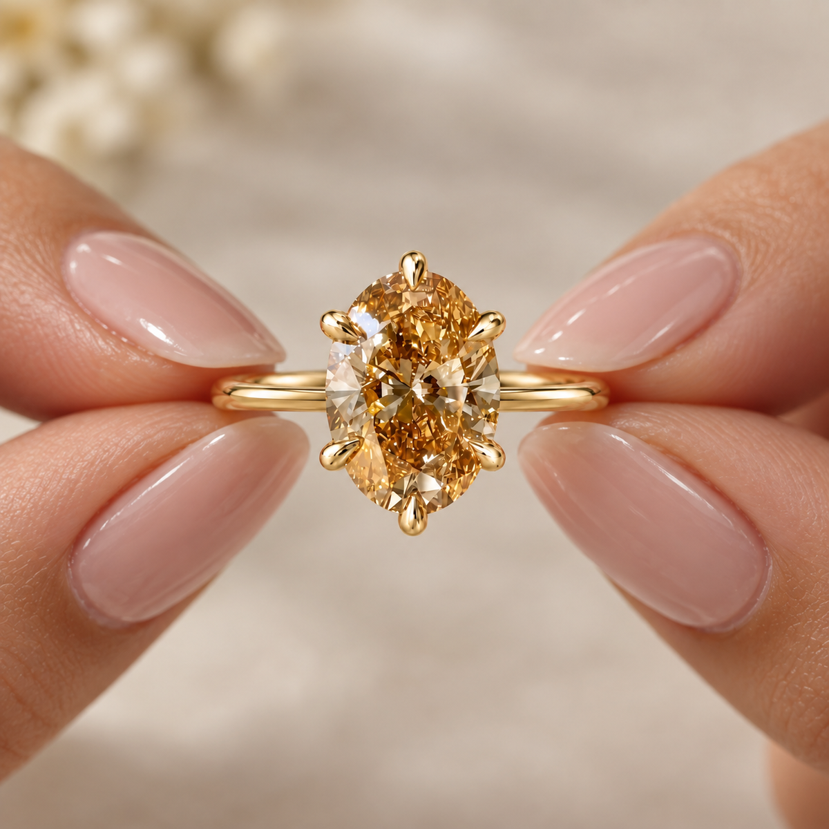Oval Cut Fancy Champagne  Diamond Solitaire Engagement   Ring in 14K Yellow Gold