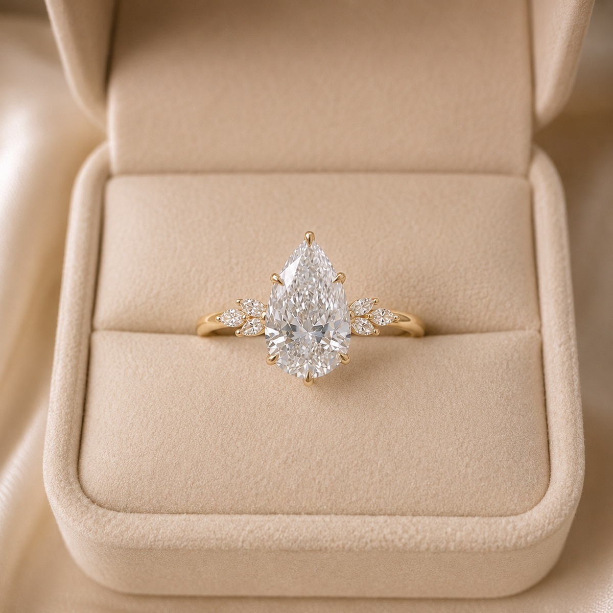 Pear Cut Diamond Engagement Ring with Floral Accent Diamonds in 14K Yellow Gold