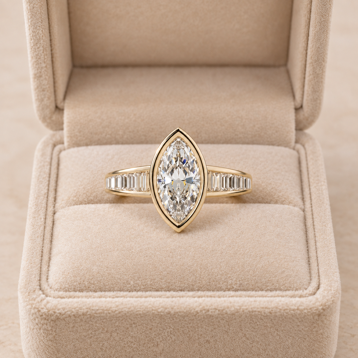 Lab Grown Diamond Marquise Cut Bezel Set Engagement Ring with Baguette Diamond Half Eternity Band in 14K Yellow Gold