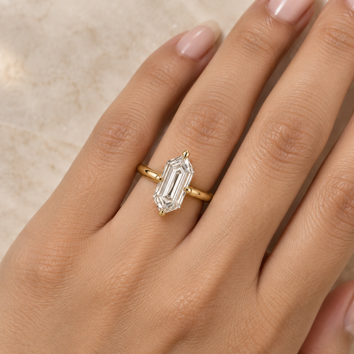 Lab Grown Diamond Elongated Hexagon Cut Solitaire Engagement Ring in 14K Yellow Gold