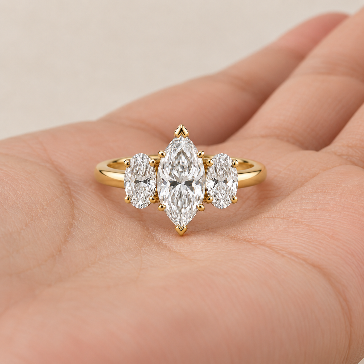 Lab Grown Diamond Marquise Cut Three Stone Engagement Ring with Oval Side Stones in 14K Yellow   Gold (Copy)