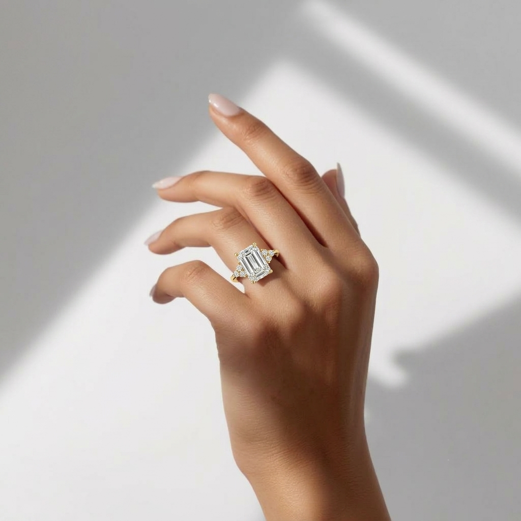 Lab Grown Diamond  Emerald Cut Cluster Side Stone Engagement Ring IGI Certified in 14K Yellow Gold