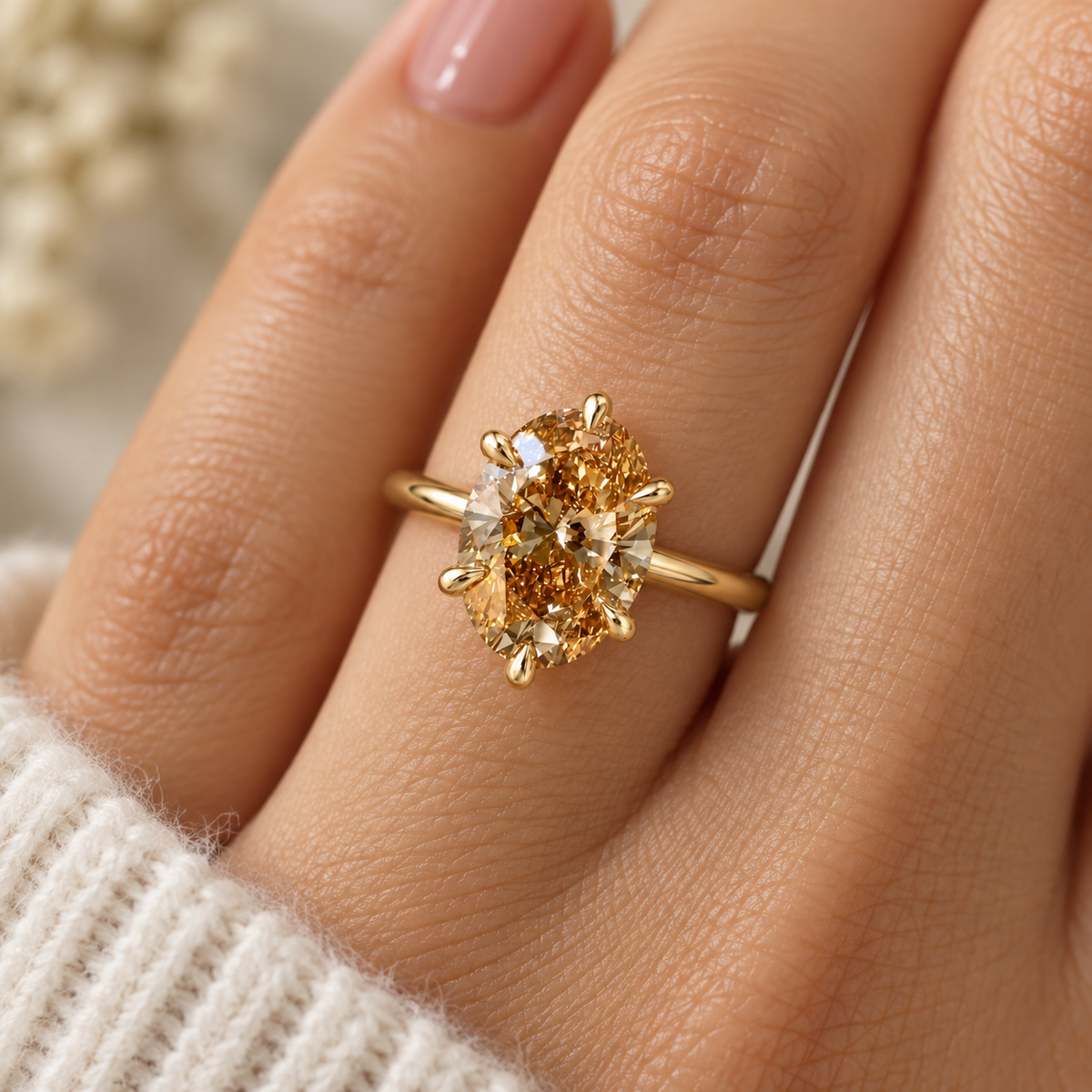 Oval Cut Fancy Champagne  Diamond Solitaire Engagement   Ring in 14K Yellow Gold