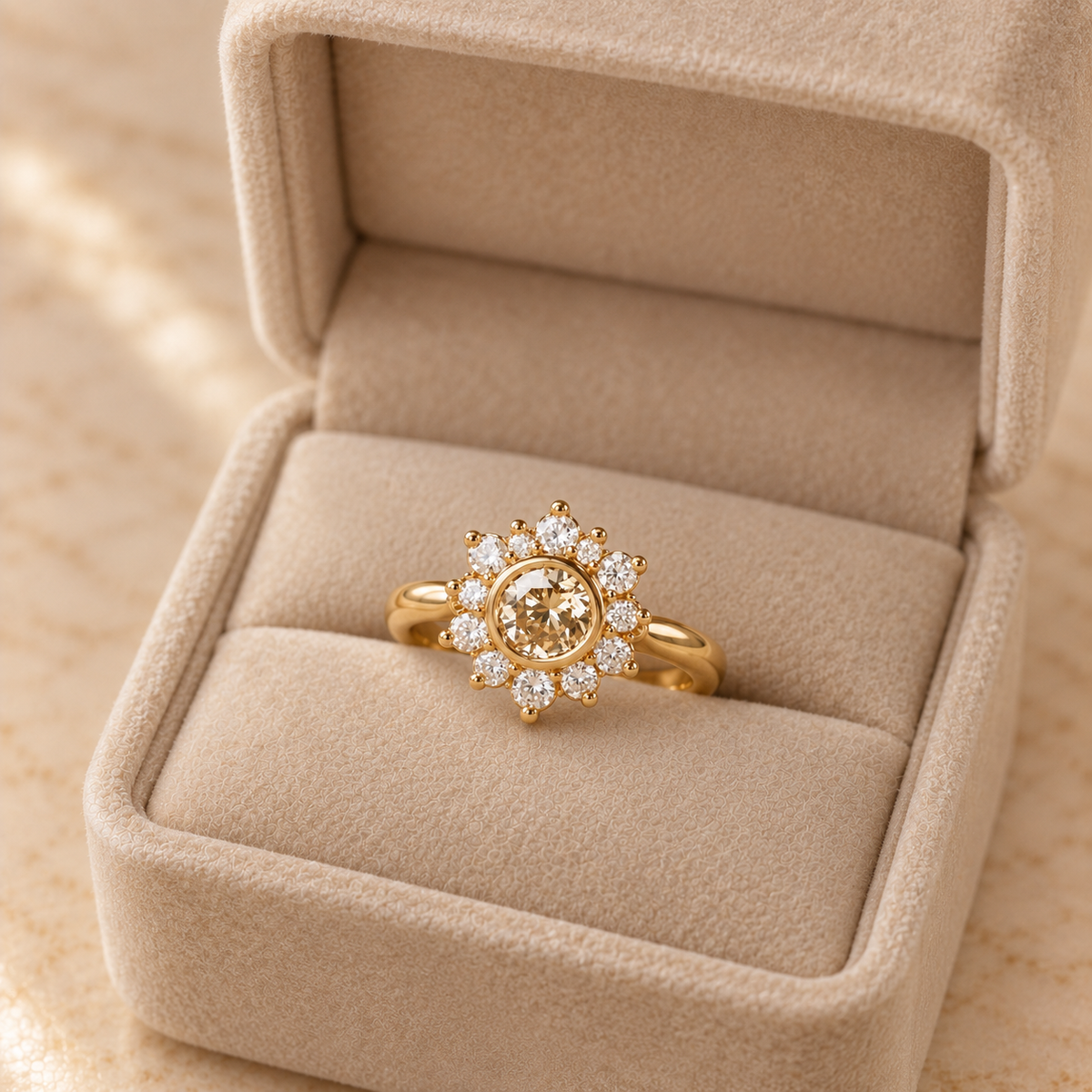Round Cut Champagne Diamond Halo Engagement Ring with Diamond Cluster in 14K Yellow   Gold