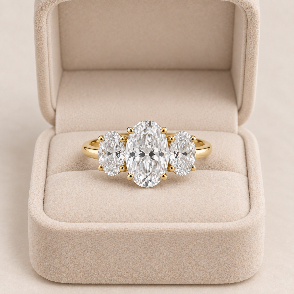 Lab Grown Diamond Oval Cut Three Stone Engagement Ring with Oval Side Stones in 14K Yellow Gold