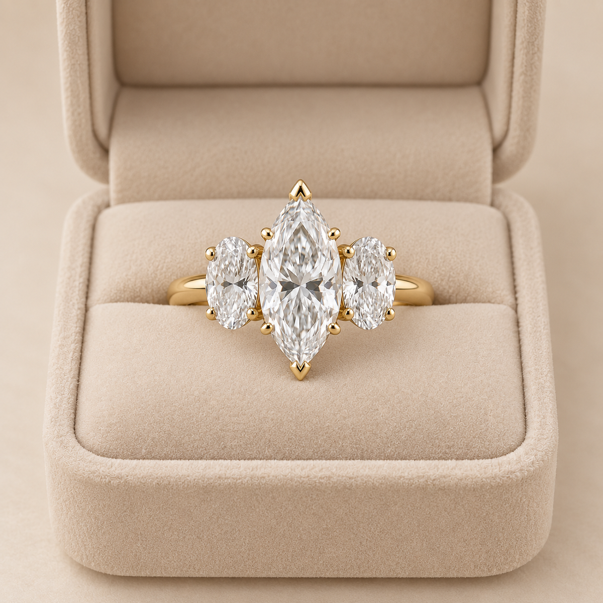 Lab Grown Diamond Marquise Cut Three Stone Engagement Ring with Oval Side Stones in 14K Yellow   Gold (Copy)