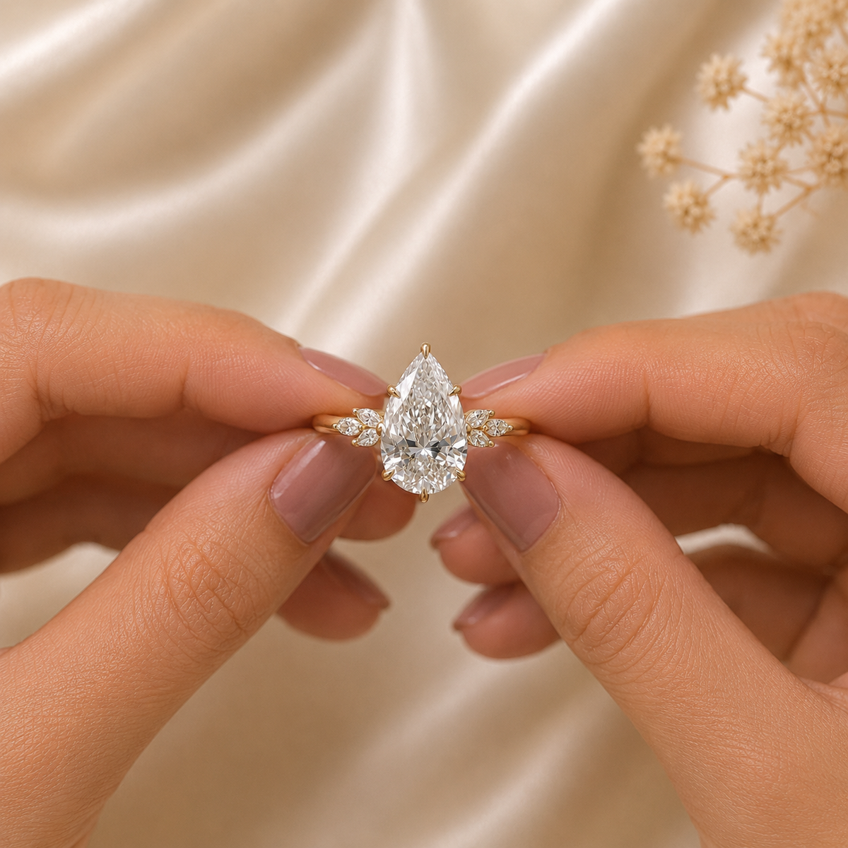 Pear Cut Diamond Engagement Ring with Floral Accent Diamonds in 14K Yellow Gold