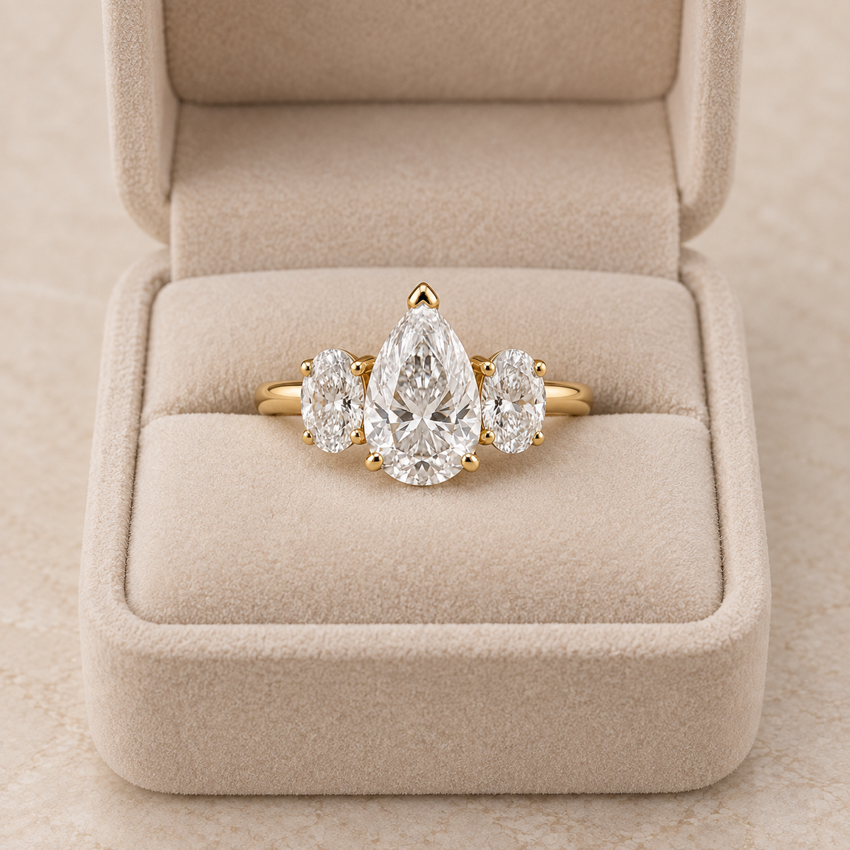 Lab Grown Diamond Pear Cut Three Stone Engagement Ring with Oval Side Stones in 14K Yellow Gold