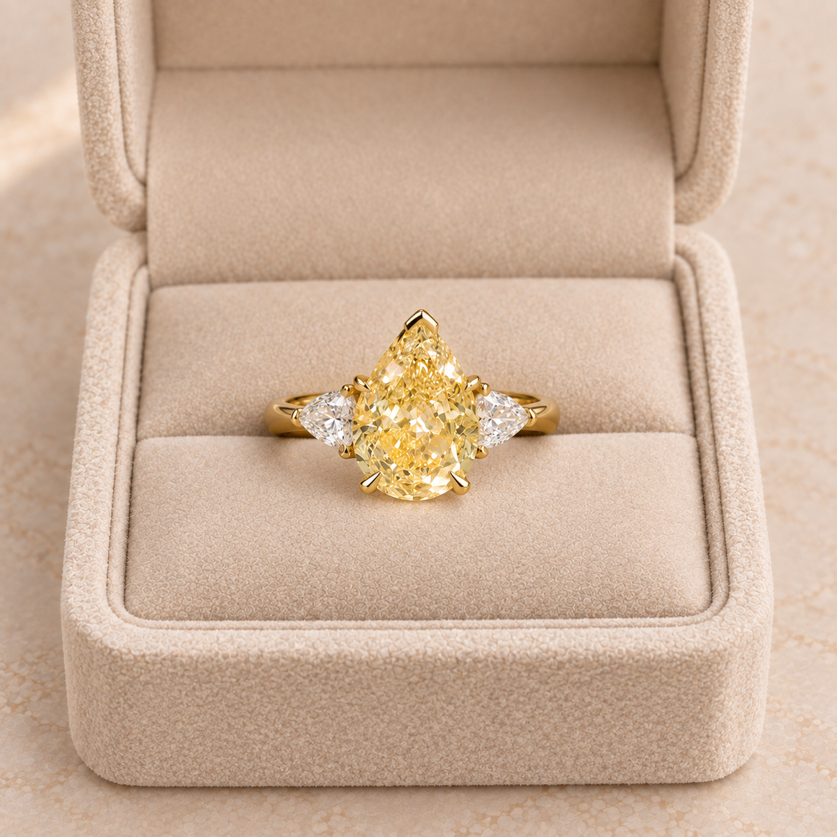 Pear Cut Fancy Yellow Diamond Three Stone Engagement Ring in 14K Yellow Gold