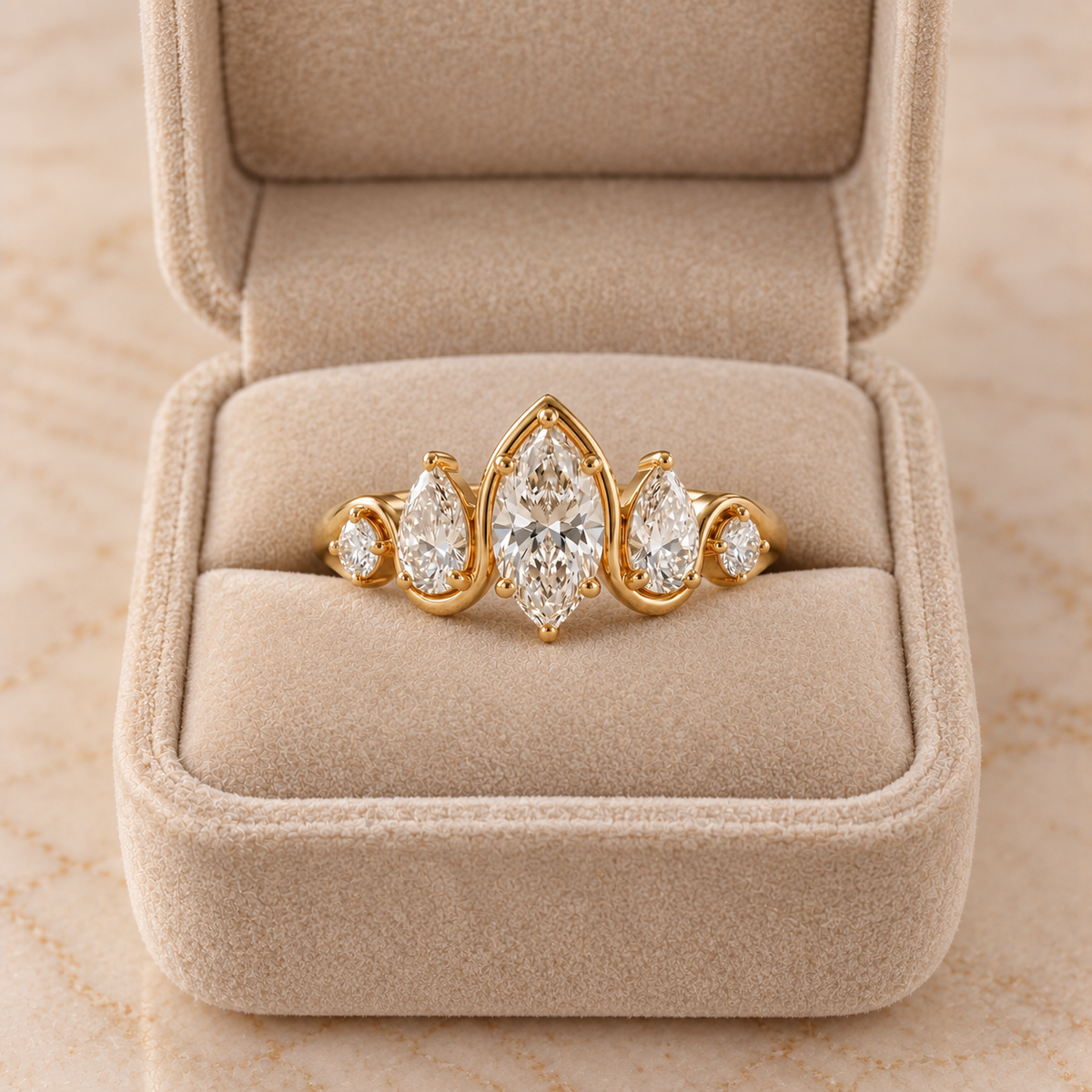 Marquise Cut Lab Grown Diamond Five Stone Engagement Ring in 14K Yellow Gold