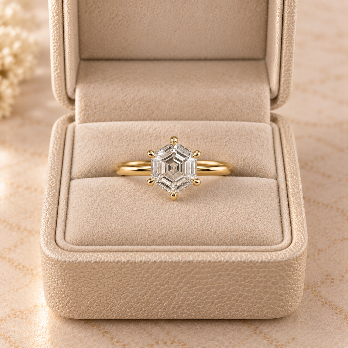 Hexagon Cut Lab Grown Diamond Solitaire Engagement Ring in 14K Yellow Gold