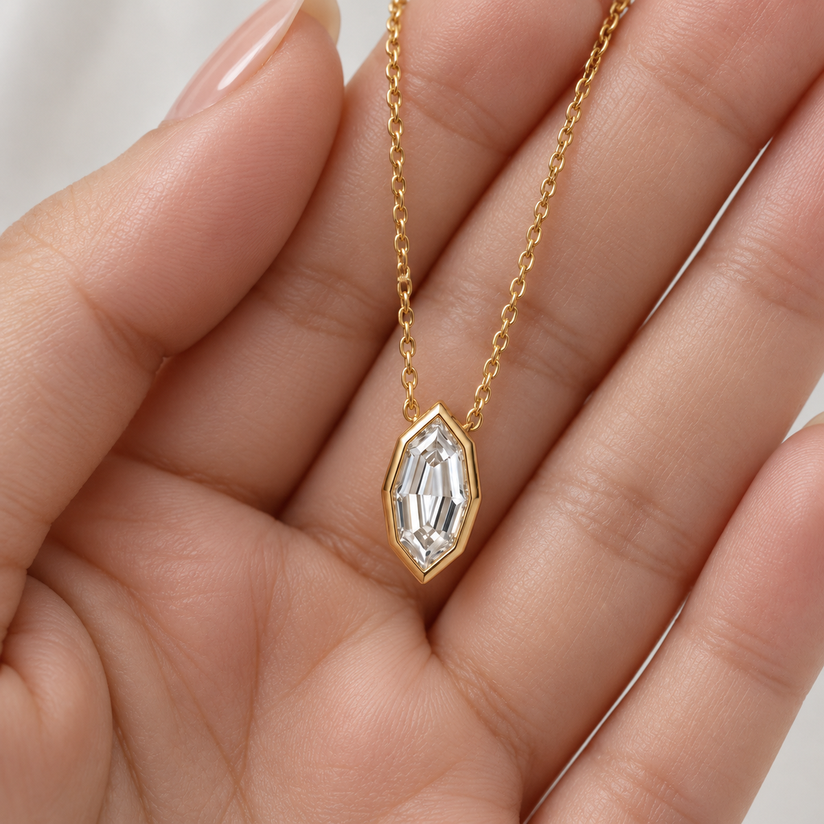 Lab Grown Diamond Step Cut Marquise Bezel Pendant Necklace IGI Certified in 14K Yellow Gold