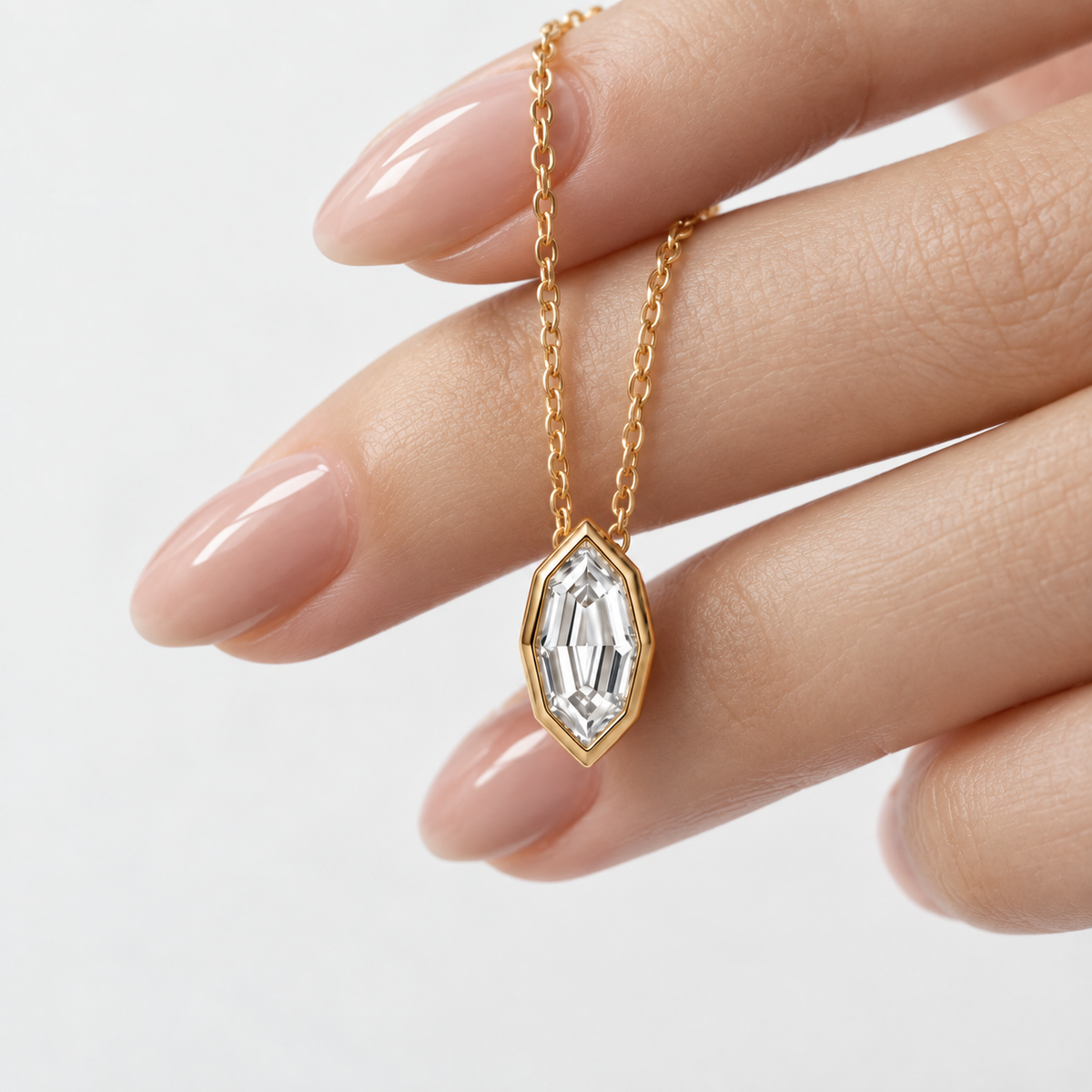 Lab Grown Diamond Step Cut Marquise Bezel Pendant Necklace IGI Certified in 14K Yellow Gold