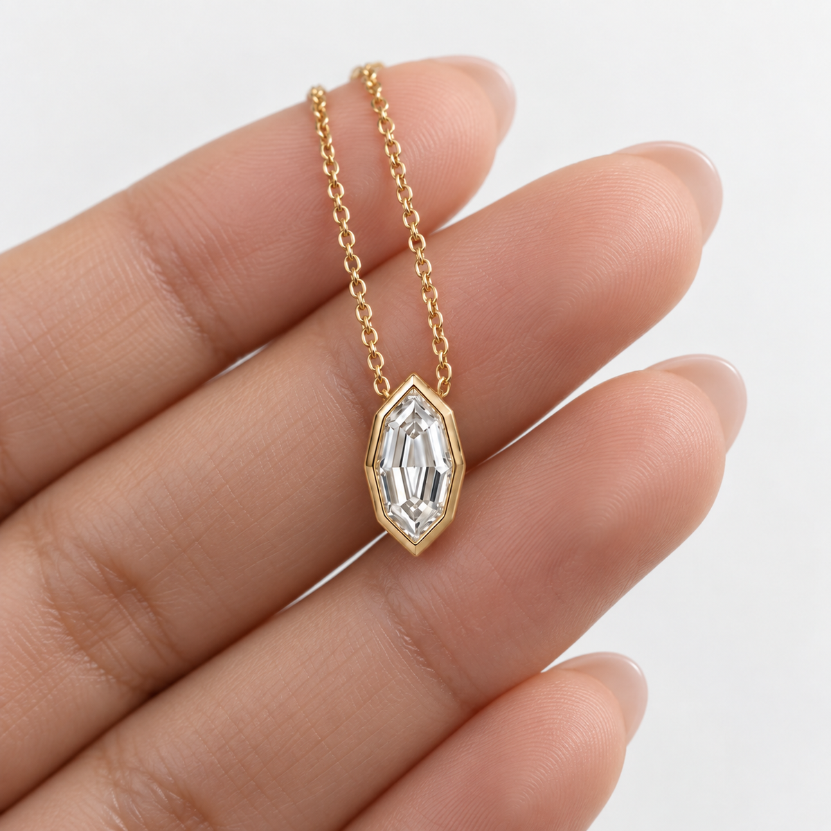 Lab Grown Diamond Step Cut Marquise Bezel Pendant Necklace IGI Certified in 14K Yellow Gold
