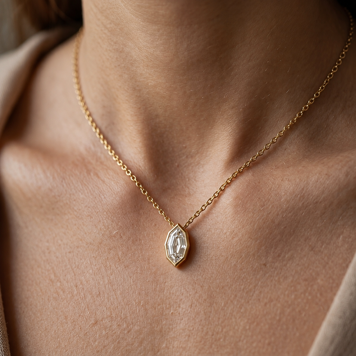 Lab Grown Diamond Step Cut Marquise Bezel Pendant Necklace IGI Certified in 14K Yellow Gold