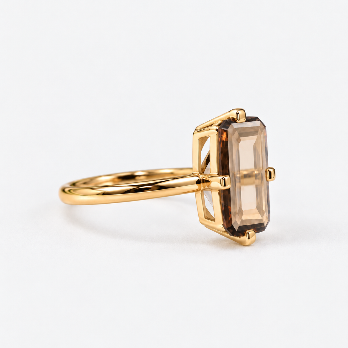 Lab Grown Diamond Fancy Champagne Emerald Cut Portrait Compass Point-Set Solitaire Engagement Ring IGI Certified in 14K Yellow Gold