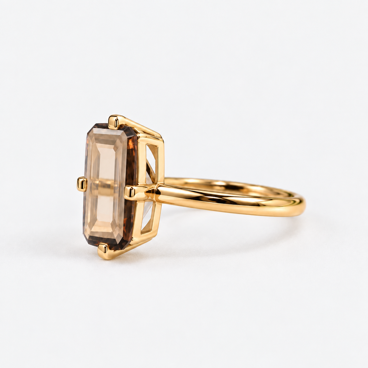Lab Grown Diamond Fancy Champagne Emerald Cut Portrait Compass Point-Set Solitaire Engagement Ring IGI Certified in 14K Yellow Gold