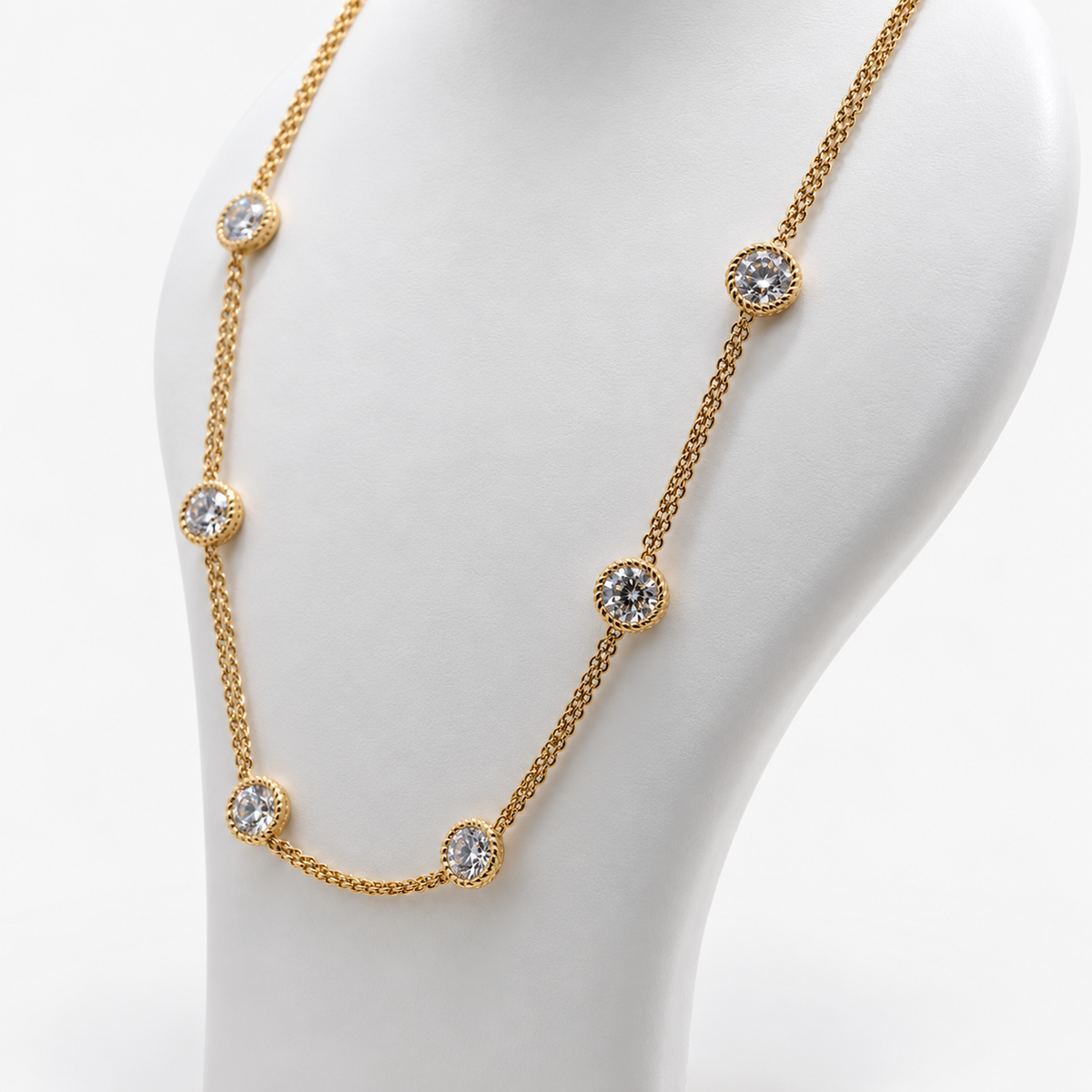 Lab Grown Diamond Station Necklace with Round Brilliant Cut Diamonds in Beaded Bezel Settings in 14K Yellow Gold