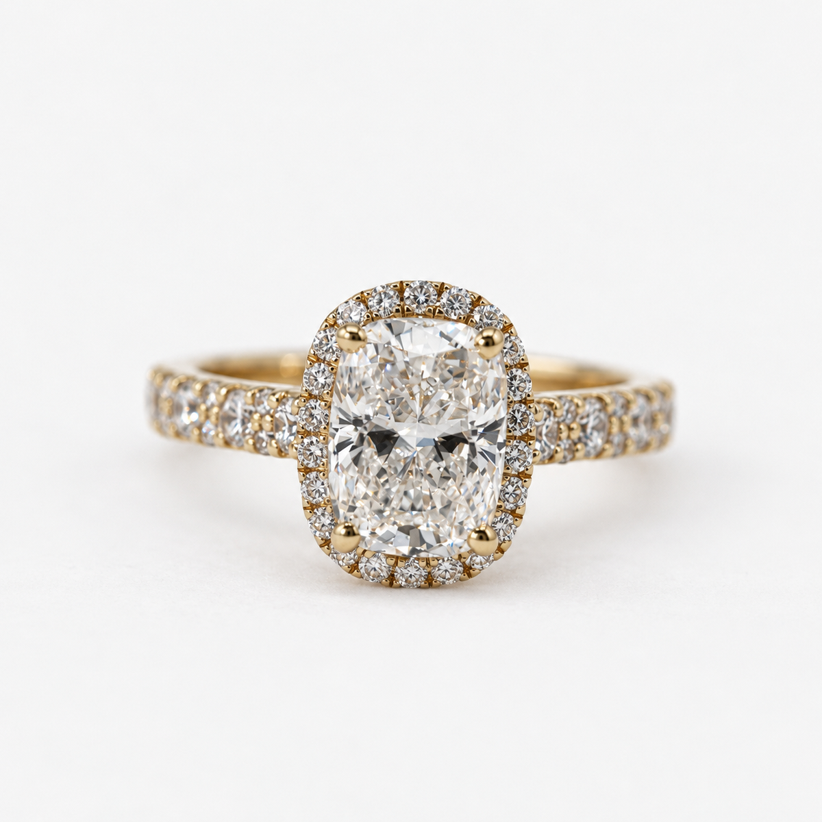 Lab Grown Diamond   Cushion Cut Diamond Halo Engagement Ring in 14K Yellow Gold