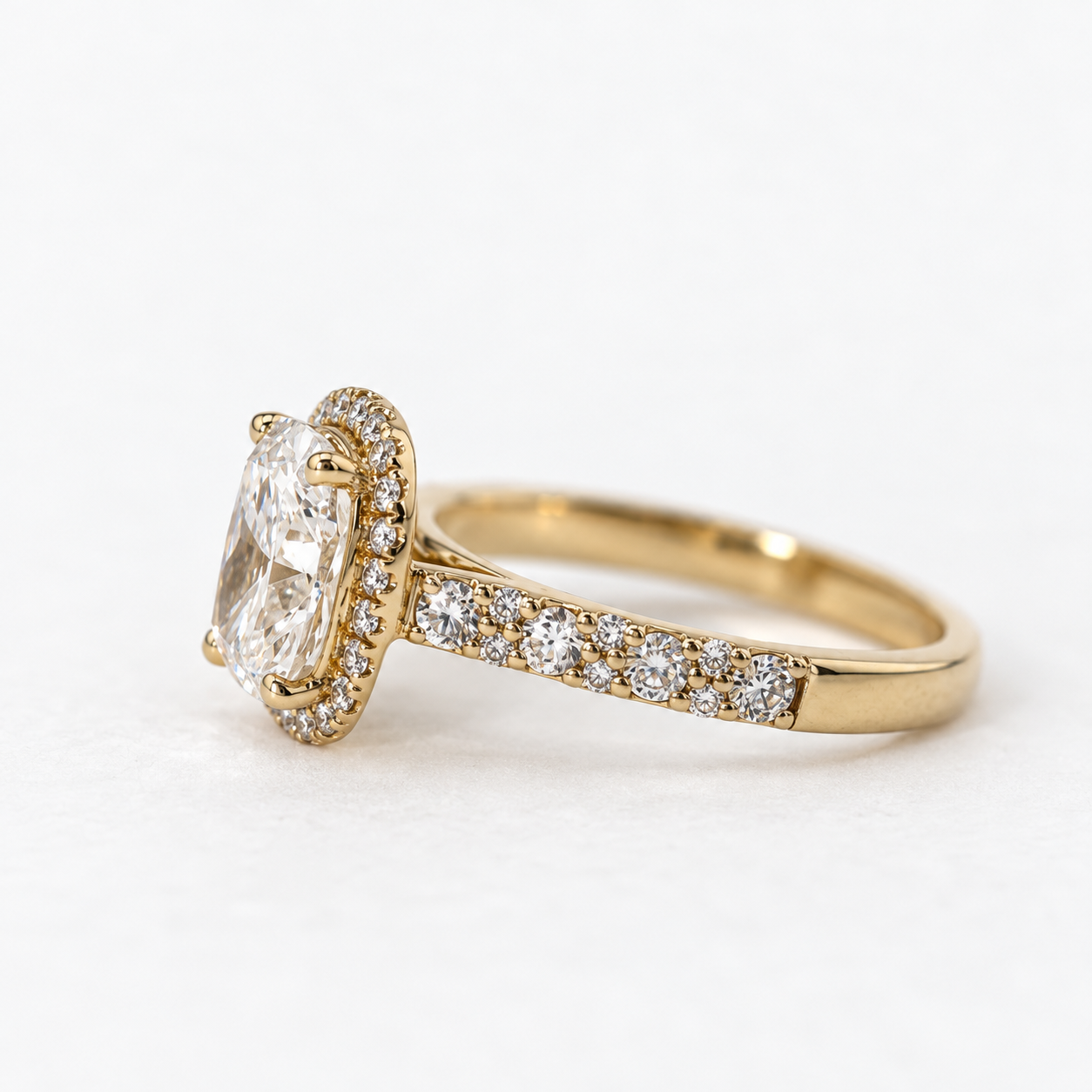 Lab Grown Diamond   Cushion Cut Diamond Halo Engagement Ring in 14K Yellow Gold