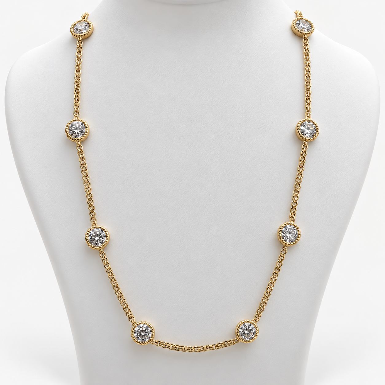 Lab Grown Diamond Station Necklace with Round Brilliant Cut Diamonds in Beaded Bezel Settings in 14K Yellow Gold