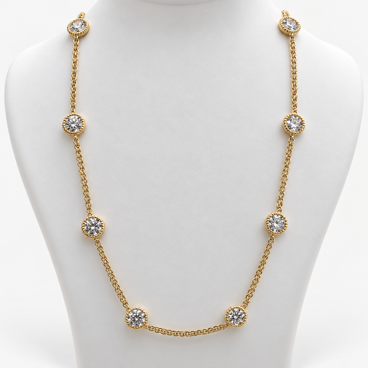 Lab Grown Diamond Station Necklace with Round Brilliant Cut Diamonds in Beaded Bezel Settings in 14K Yellow Gold