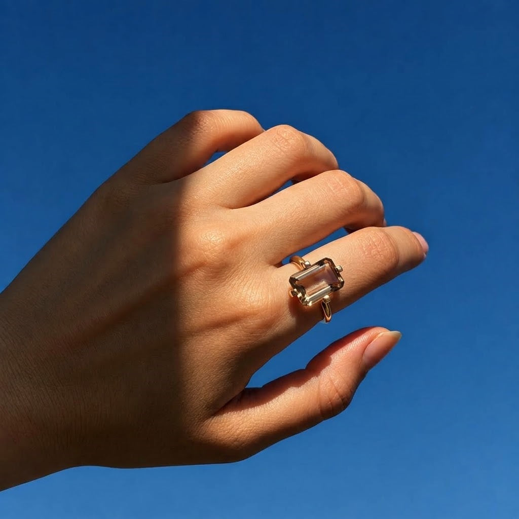 Lab Grown Diamond Fancy Champagne Emerald Cut Portrait Compass Point-Set Solitaire Engagement Ring IGI Certified in 14K Yellow Gold