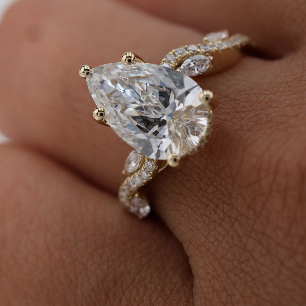 Lab Grown Diamond Pear Cut Diamond Vine Engagement Ring in 14K Yellow Gold