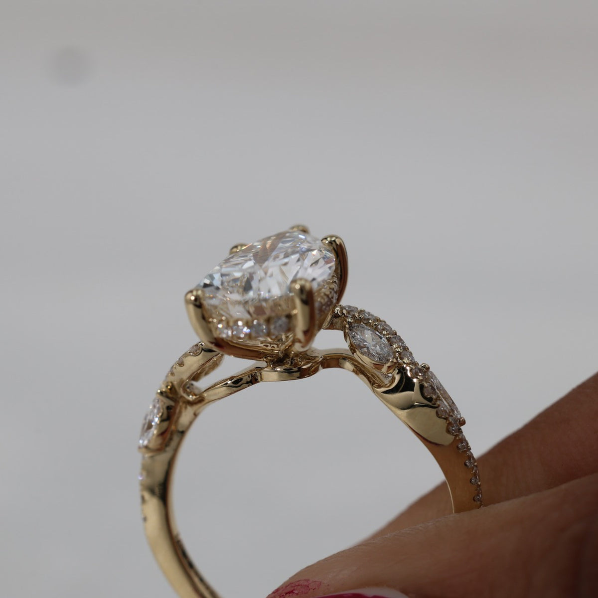 Lab Grown Diamond Pear Cut Diamond Vine Engagement Ring in 14K Yellow Gold